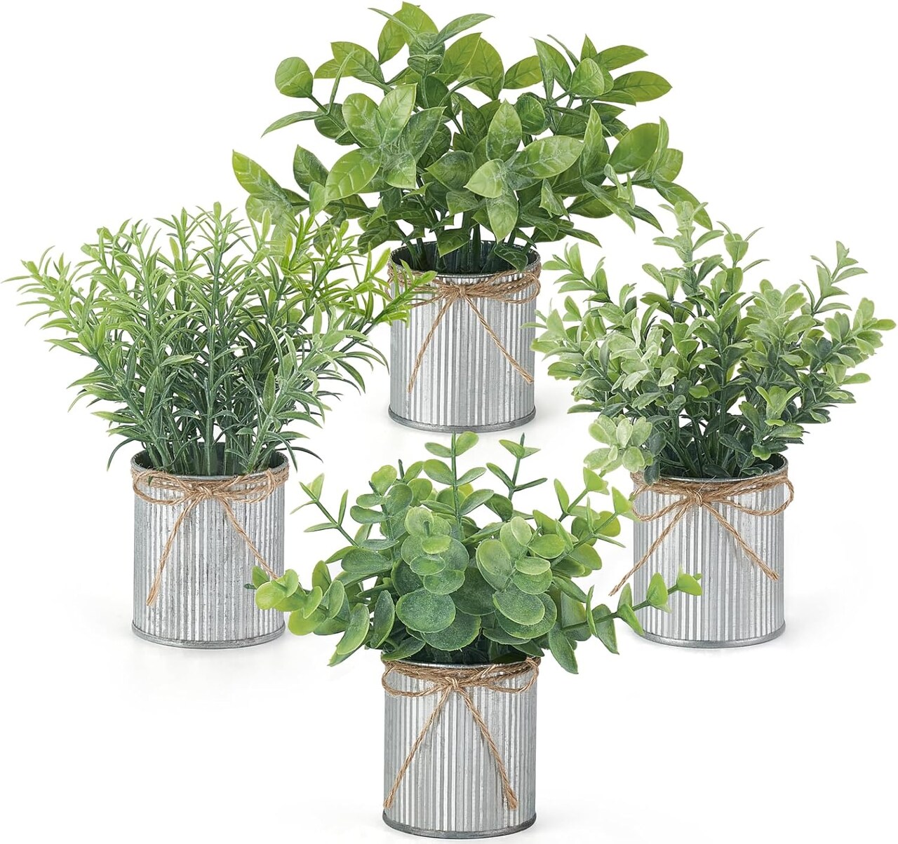 4 Pack Mini Artificial Farmhouse Potted Plants – Faux Eucalyptus in Galvanized Metal Pots for Mother’s Day Card Making, Rustic Home & Office Table Centerpiece Decor